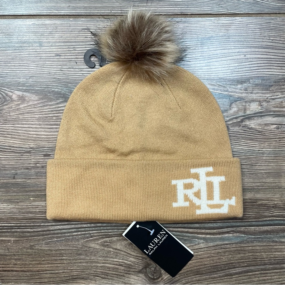 Ralph Lauren Women’s Knit Logo Beanie with Faux Fur Pom Pom Camel Cream NWT
